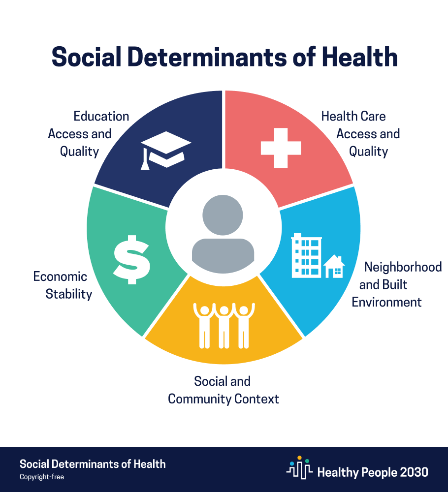Education Access and Quality, Healthcare access and quality, neighborhood and built environment, social and community context, economic stability