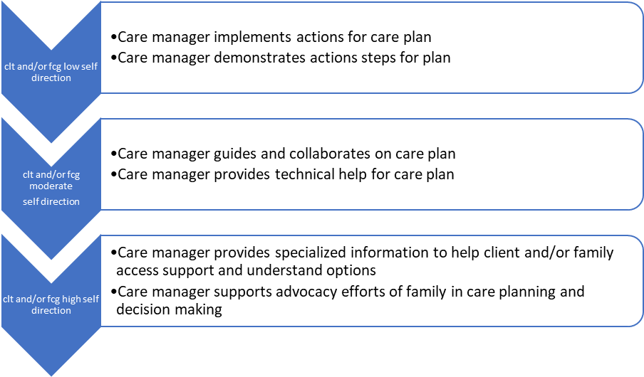 Figure 1. Examples of Direct Intervention Roles Available to Case Managers clt = older adult client. fcg = family caregiver (related or by choice, blood, or affinity) self direction = the goal of achieving autonomy within the parameters of the individual’s cultural congruency and value of being autonomous. This means that for some cultures autonomy can be family-centric Source: Adapted from Moxley, 1989.