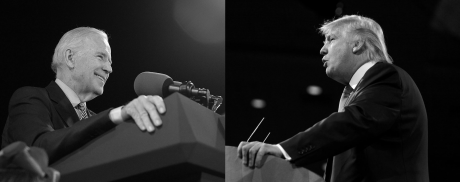 Two images one of Biden on left standing at podium the other is of Trump on right at podium