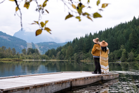 Northwest Indigenous women looking at mountain